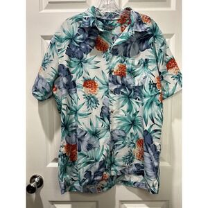 VAN HEUSEN Men's L Tropical Pineapple Leaf Print Short Sleeve Button Up Shirt